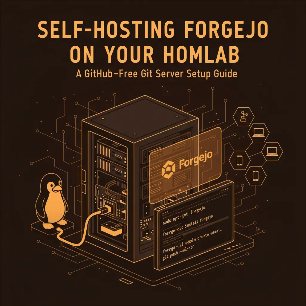 Terminal window showing Forgejo self-hosted Git server running on a homelab server with Docker Compose