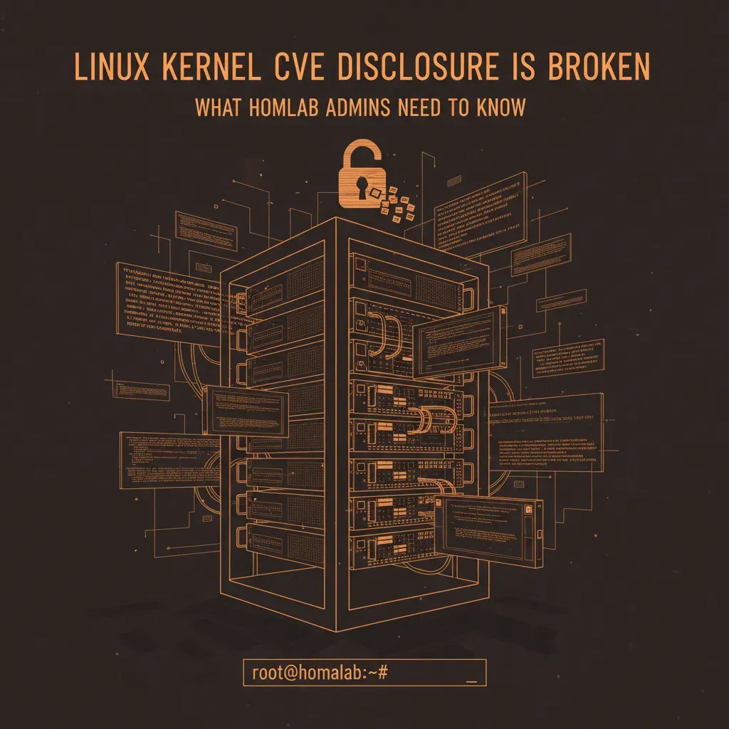 Terminal screen showing kernel CVE vulnerability alerts and patch status on a Linux homelab server
