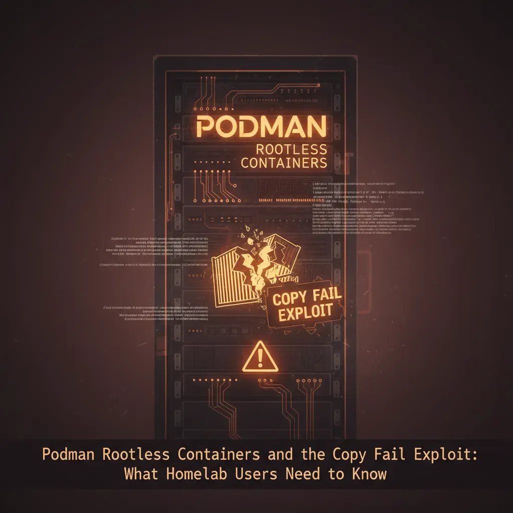 Terminal window showing Podman rootless container commands with a security warning overlay on a dark Linux desktop