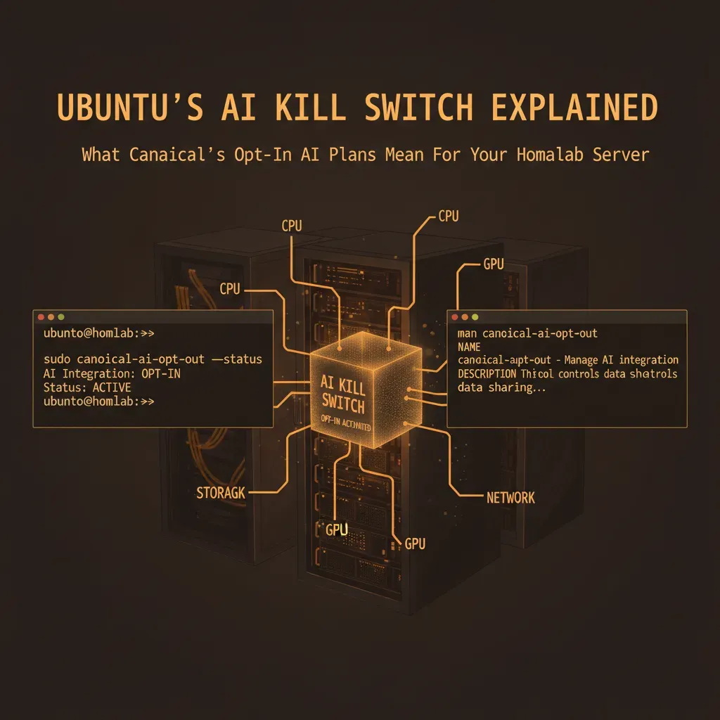 Terminal screen showing Ubuntu server with snap packages listed and AI components being disabled